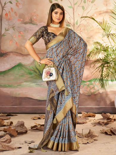 Enchanting Brown Printed Dola Silk Traditional Saree With Blouse